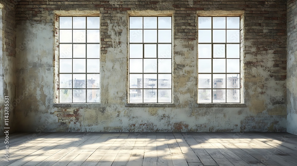 Fototapeta premium Industrial loft interior with large windows. Concept of urban, vintage, and empty space.