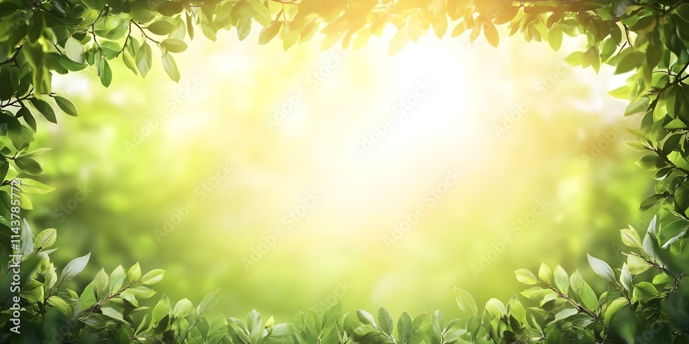 Obraz premium A blurred natural scene framed by green leaves, with bright light suggesting a sunny atmosphere. Concept Natural Beauty, Lush Greenery, Sunny Ambiance, Blurred Background, Serene Vibes