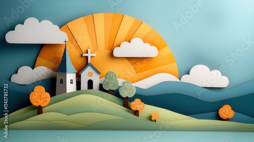Vibrant paper cut landscape scene featuring a picturesque countryside with rolling hills a quaint village church and a bright colorful sunrise or sunset sky with fluffy clouds  The layered