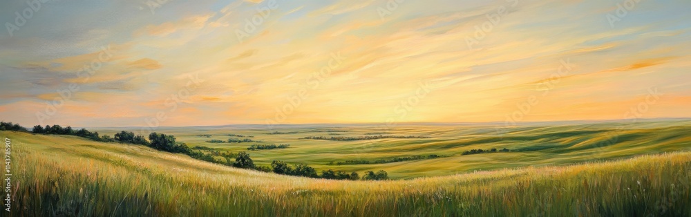 Expansive sunset view over the Flint Hills showcasing rolling landscapes and vibrant colors in the evening sky Expansive sunset view over the Flint Hills showcasing rolling landscapes and vibrant colors in the evening sky