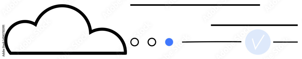 Cloud connected to lines with dots and checkmark, representing data transfer, processing, and validation. Ideal for cloud services, networking, data integration, online security, technology Cloud connected to lines with dots and checkmark, representing data transfer, processing, and validation. Ideal for cloud services, networking, data integration, online security, technology