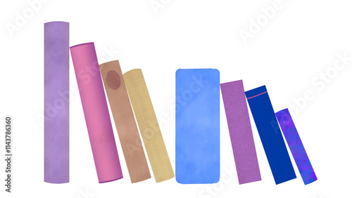 Eight books leaning purple pink beige blue for childrens room or book fair  photo