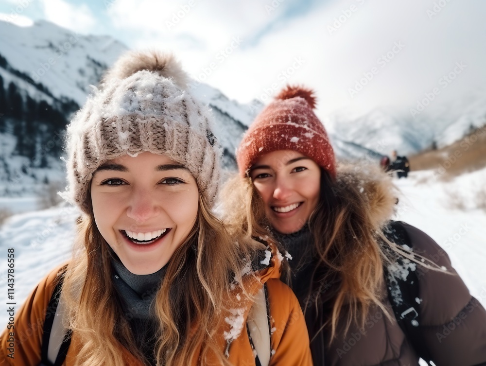 happy Friends enjoying snow on background of mountains. having fun spending winter vacation in mountains Travel in winter happy Friends enjoying snow on background of mountains. having fun spending winter vacation in mountains Travel in winter