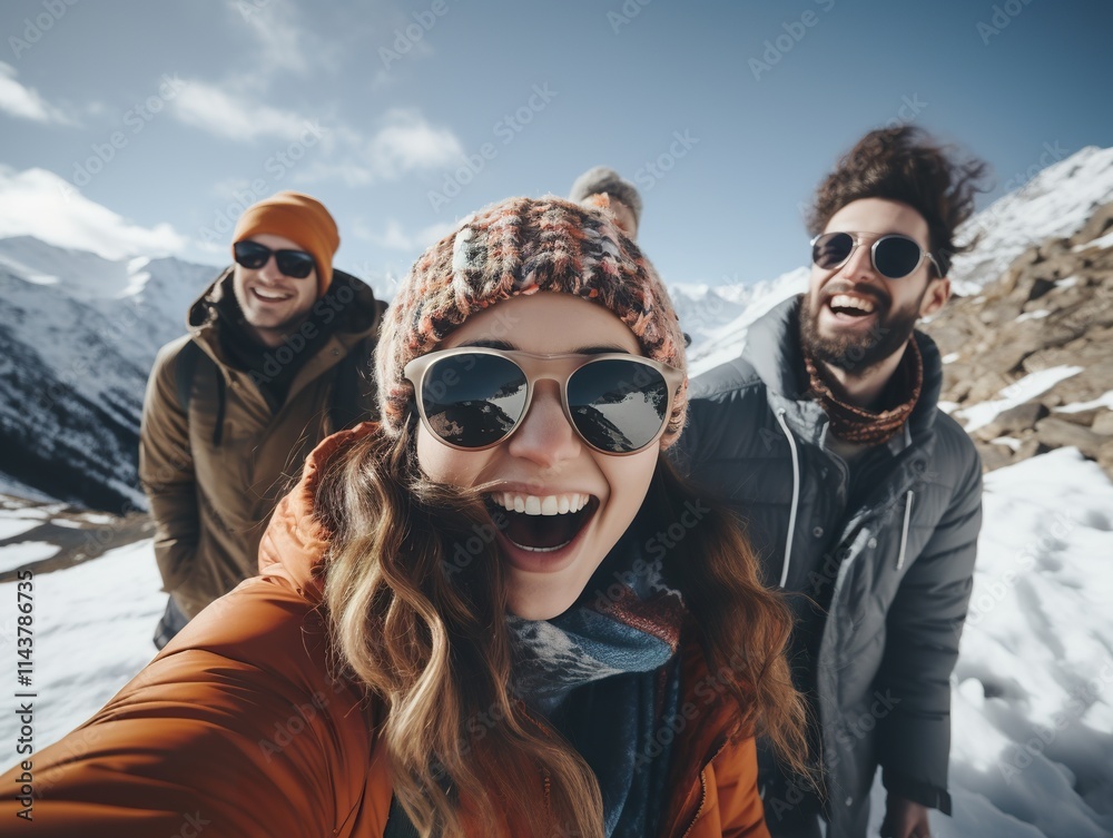 happy Friends enjoying snow on background of mountains. having fun spending winter vacation in mountains Travel in winter happy Friends enjoying snow on background of mountains. having fun spending winter vacation in mountains Travel in winter