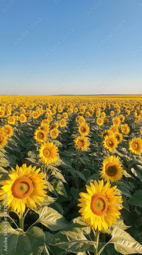 Fototapeta premium A colorful sunflower field stretches under a clear blue sky, showcasing nature's beauty during a sunny afternoon in late summer