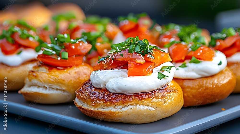 Fresh and Colorful Tomato Topped Mini Breads with Creamy Sauce Fresh and Colorful Tomato Topped Mini Breads with Creamy Sauce