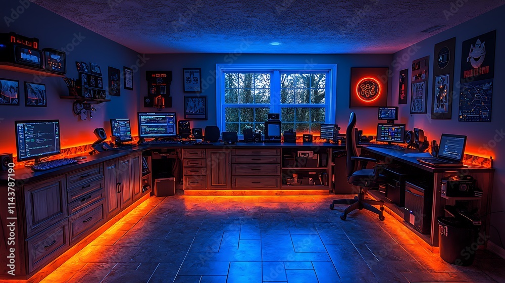 Illuminated Gamer Workstation With Dual Monitors And Neon Lights Illuminated Gamer Workstation With Dual Monitors And Neon Lights