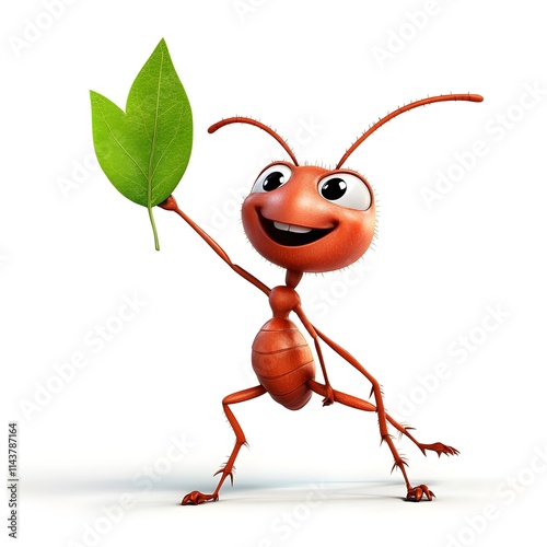 Cute cartoon ant character holding a green leaf and smiling joyfully