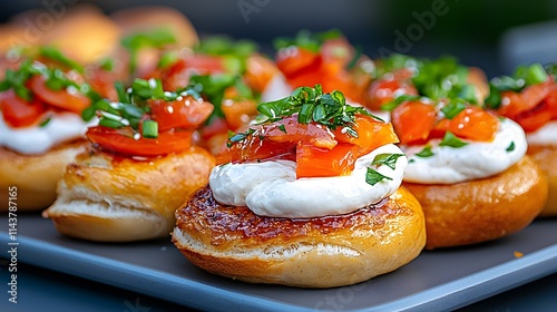 Fresh and Colorful Tomato Topped Mini Breads with Creamy Sauce