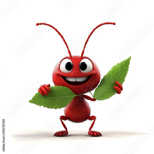 Cheerful Red Ant Holding Green Leaves Against White Background