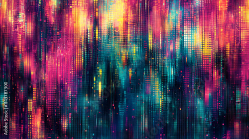 A colorful pixelated abstract design with vibrant hues of pink, yellow, and teal, featuring vertical lines and digital patterns.  .