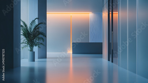 A sleek, modern interior space featuring a potted plant, reflective surfaces, and ambient blue and orange neon lighting for a futuristic atmosphere..