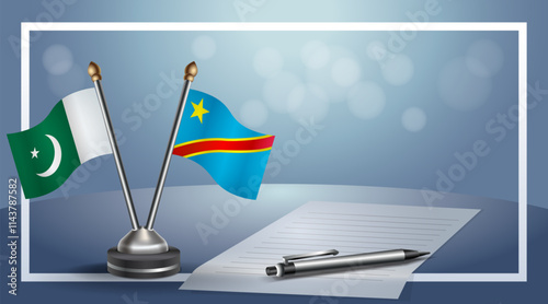 Pakistan and Congo National flags on small table with bokeh background, cooperative relationship