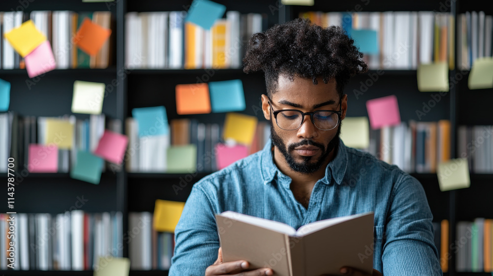 Reading man in library surrounded by colorful sticky notes, focused on book. atmosphere is studious and vibrant, showcasing love for learning and knowledge Reading man in library surrounded by colorful sticky notes, focused on book. atmosphere is studious and vibrant, showcasing love for learning and knowledge