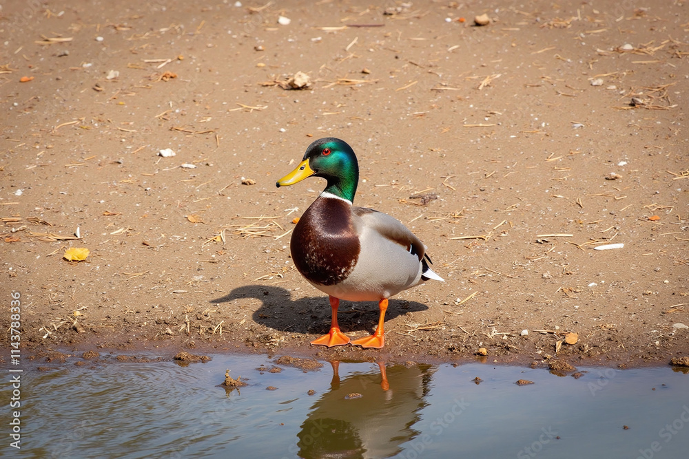 Male duck by water with natural outdoor setting Male duck by water with natural outdoor setting