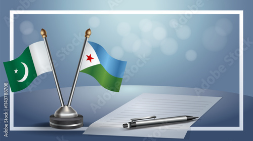 Pakistan and Djibouti National flags on small table with bokeh background, cooperative relationship