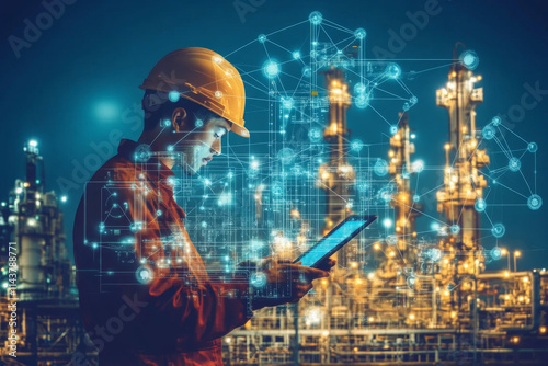  A construction worker control a pouring concrete pump on construction site and sunset background