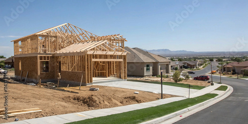 new home construction, A new house being built in the suburbs of Las Vegas. Here you can see the wooded frame taking the shape of the final house. 