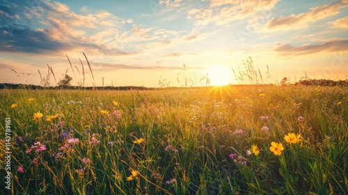 Fototapeta Naklejka Na Ścianę i Meble -  Stunning tallgrass prairie panorama with vibrant wildflowers at Bear Creek Nature Park during a colorful sunset