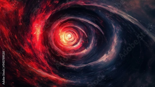 A vibrant cosmic swirl of red and black colors resembling a galaxy.