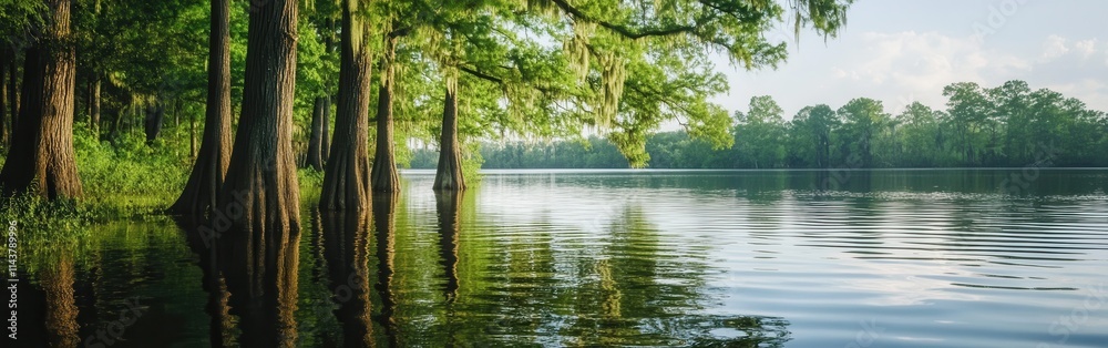 Scenic reflection of cypress trees in tranquil Lake Chicot, Mississippi showcasing lush wildlife Scenic reflection of cypress trees in tranquil Lake Chicot, Mississippi showcasing lush wildlife