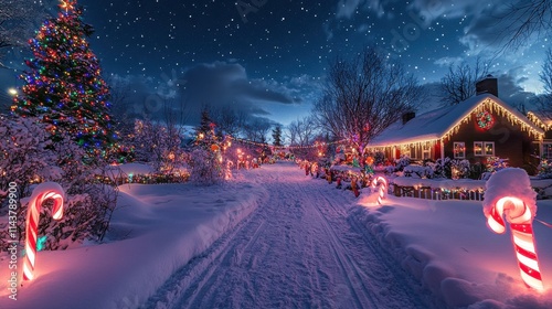 Snowy pathway adorned with colorful lights leading to Santa's house under a starlit twilight sky