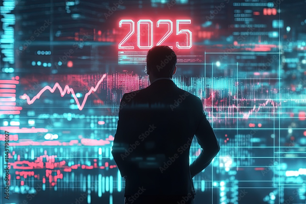 A businessman in a suit standing in front of a glowing holographic arrow graph rising upward, with 