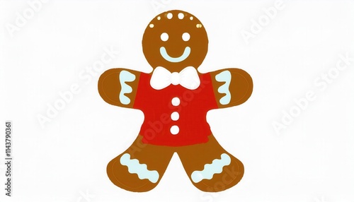 Smiling Gingerbread Man with Red Bow Tie and Icing Details. Perfect Festive Holiday Cookie Design for Christmas Decorations, Baking Themes, and Winter Themed Party Invitations