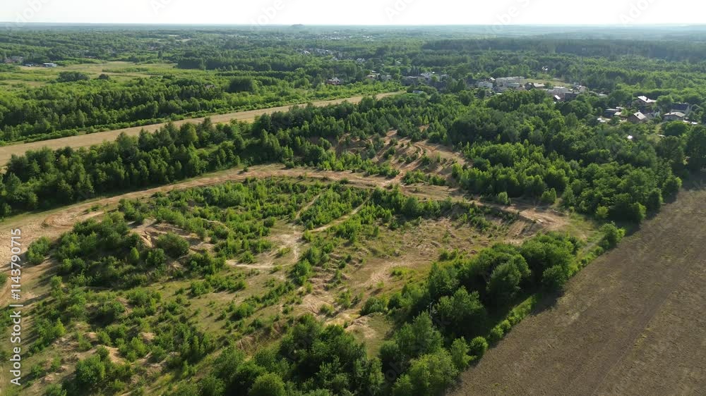 Dirt paths winding through dense forest seen from above Dirt paths winding through dense forest seen from above