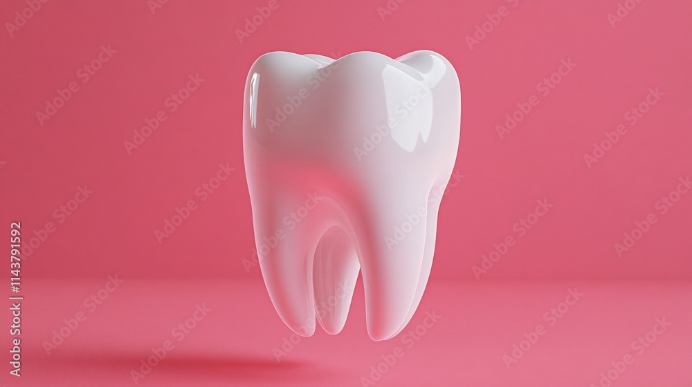 A glossy, white tooth floating against a pink background. A glossy, white tooth floating against a pink background.