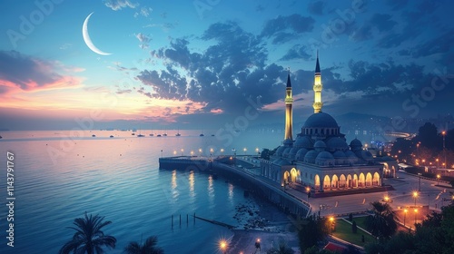 Mosque by seaside, with crescent moon in sky. photo