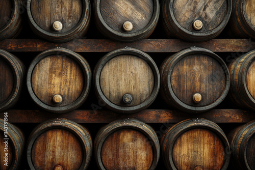 Rustic Wooden Wine and Beer Barrels Stacked in a Row