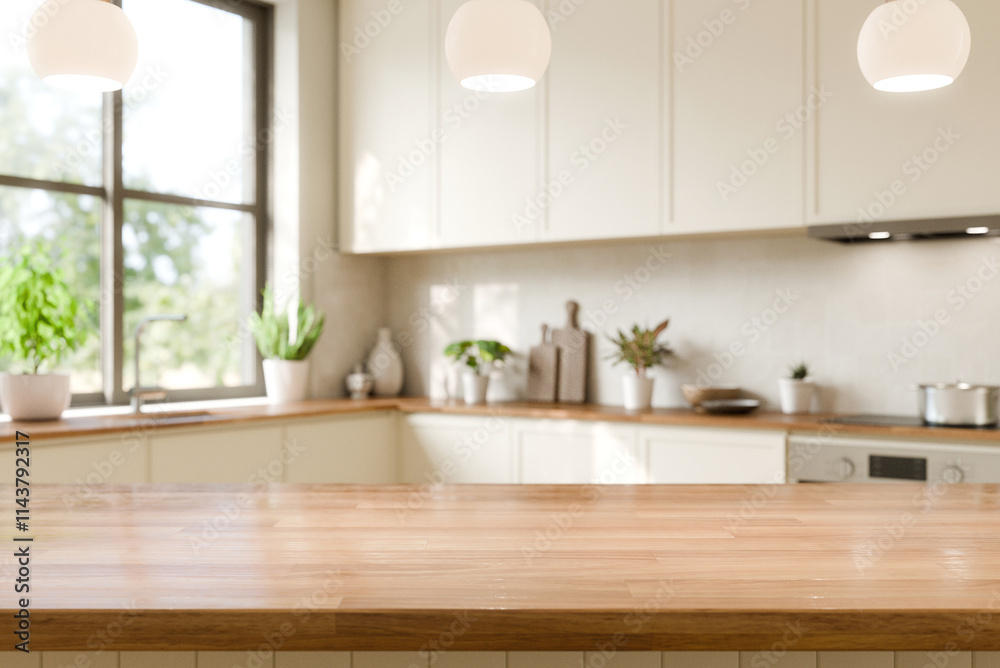 Modern Kitchen Interior with Bright Natural Light. Wood counter top with blurred kitchen background. 3d render.