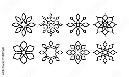 Set of eight Intricate Black Line Art Floral Designs, floral line art mandala design, indian traditional and cultural mandala design bundle. photo