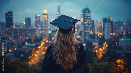 Fototapeta Naklejka Na Ścianę i Meble -  Celebrating graduation at dusk with a city skyline as a backdrop and dreams of the future shining bright