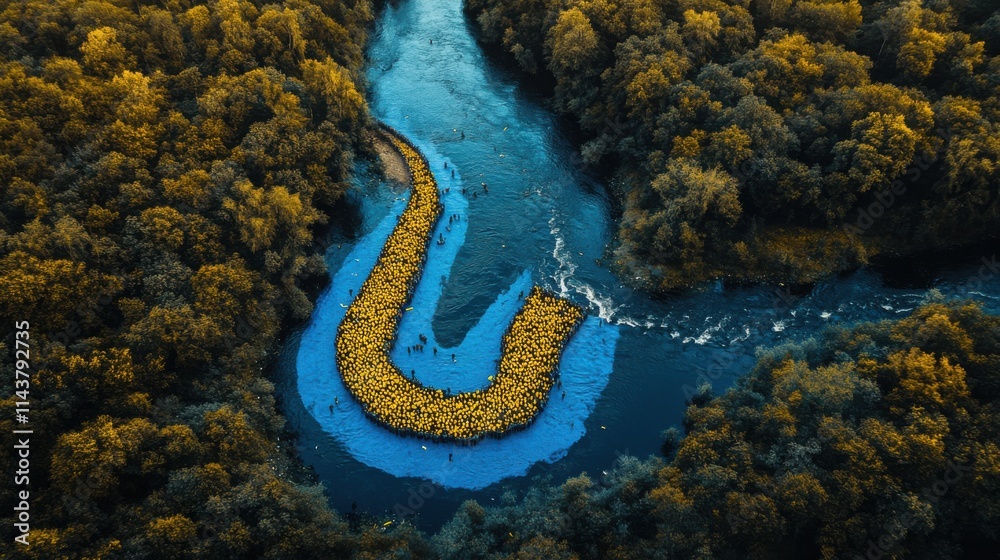 Winding river forming a democracy symbol with a crowd in a vibrant natural landscape Winding river forming a democracy symbol with a crowd in a vibrant natural landscape