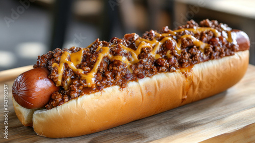 Chili Cheese Dogs: Juicy hot dogs topped with beefy chili and melted cheese, served in a soft bun. A messy, delicious indulgence. 