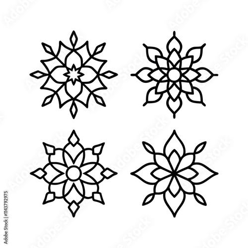Four intricate floral mandala designs in a clean line style. simple mandala design for coloring book, tattoo design, wall art, simple mandala art.