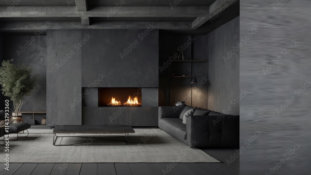 Modern Dark Living Room With Fireplace And Sofa Modern Dark Living Room With Fireplace And Sofa
