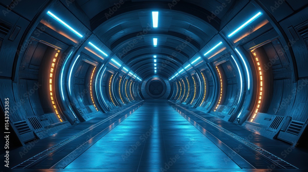 Futuristic spaceship corridor with neon blue and orange lights. Futuristic spaceship corridor with neon blue and orange lights.
