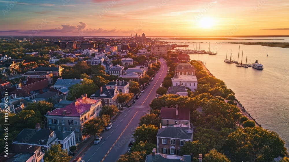 Fototapeta premium Breathtaking sunset view over historic Charleston waterfront with colorful antebellum houses and sailboats in the harbor