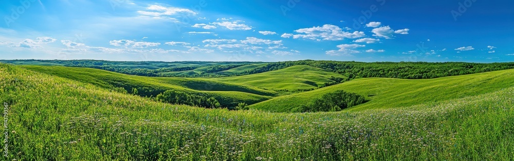 Breathtaking view of the rolling hills in Loess Hills with vibrant green fields and wildflowers under a bright blue sky Breathtaking view of the rolling hills in Loess Hills with vibrant green fields and wildflowers under a bright blue sky