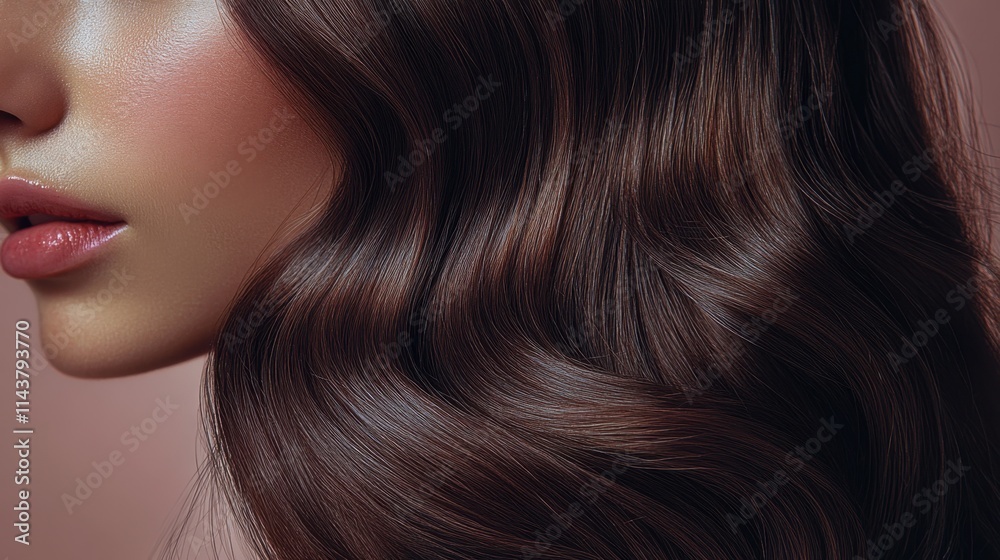 Obraz premium Elegant waves cascade on a woman\'s shoulder highlighting her beauty and soft features in a serene setting