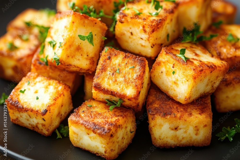 golden fried cheese cubes garnished with fresh green herbs golden fried cheese cubes garnished with fresh green herbs