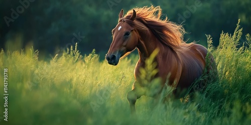 Close up portrait of a horse in motion on a lush green meadow, capturing the essence of a horse s beauty and grace in a vibrant outdoor setting. The horse stands out against the greenery. photo