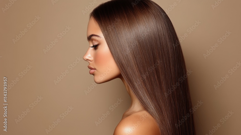 Elegant woman with long, silky hair showcasing a graceful profile against a neutral background during a studio session Elegant woman with long, silky hair showcasing a graceful profile against a neutral background during a studio session