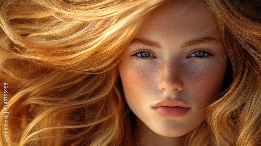 Captivating portrait of a young girl with flowing ginger hair and striking freckles against a warm backdrop Captivating portrait of a young girl with flowing ginger hair and striking freckles against a warm backdrop