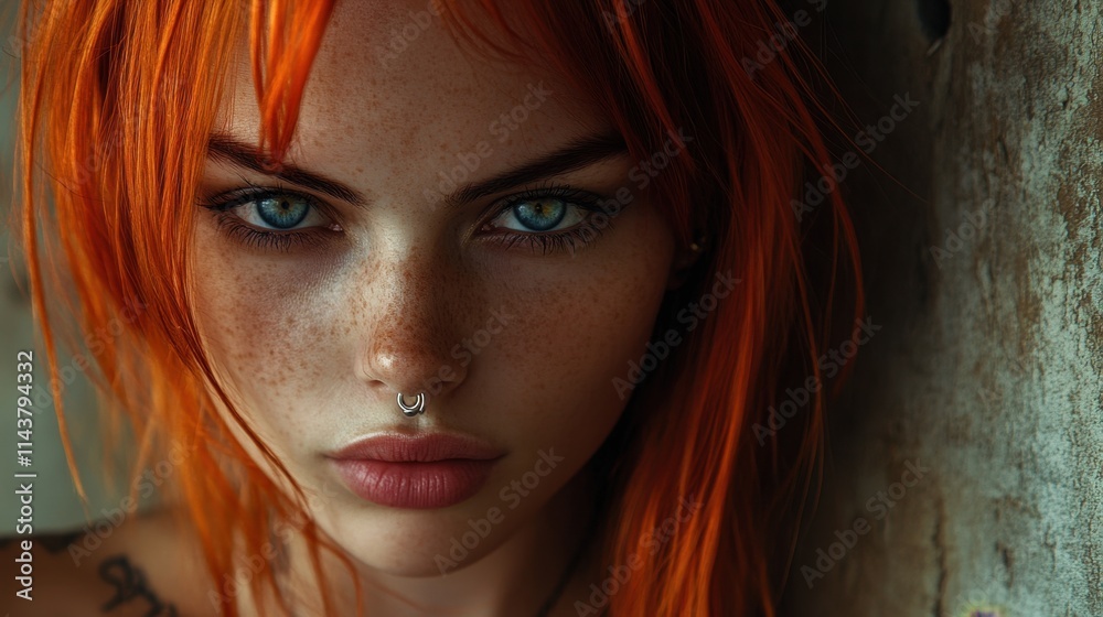 Vivid portrait of a young woman with striking orange hair showcasing unique style and captivating blue eyes Vivid portrait of a young woman with striking orange hair showcasing unique style and captivating blue eyes