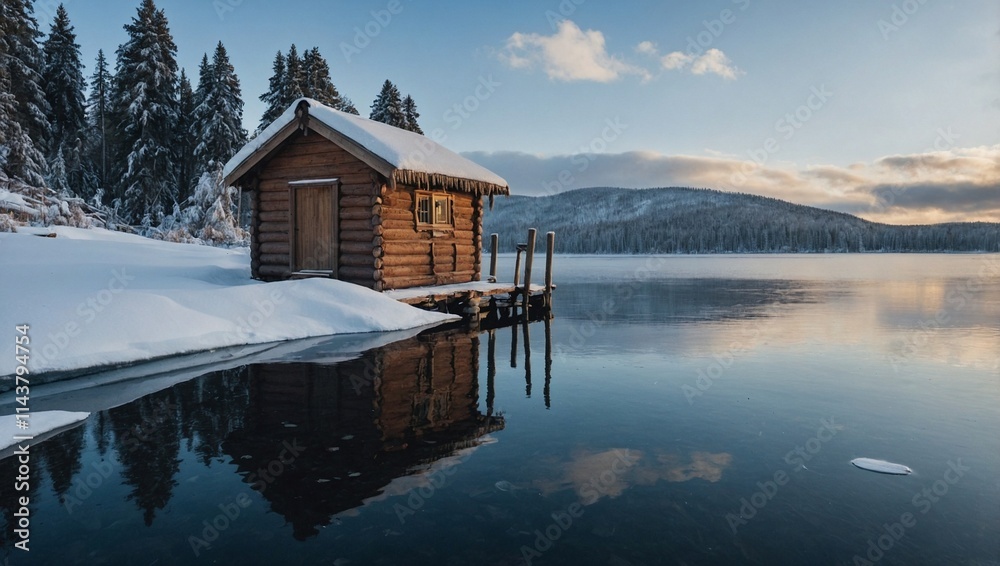 Obraz premium Snow-covered lake with wooden hut