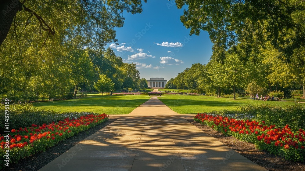 Obraz premium Explore the serene beauty of Lincoln Memorial Garden with blooming flowers and peaceful paths in Springfield